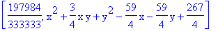 [197984/333333, x^2+3/4*x*y+y^2-59/4*x-59/4*y+267/4]